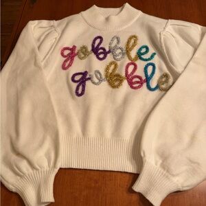 GOBBLE GOBBLE Peach Love California White Sweater with Multicolor Embroidery